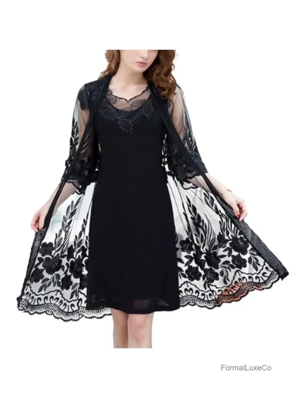 Loose Fit Ethnic Fusion Floral Lace Trim Knit Cardigan Sheer Duster 3/4 Sleeve